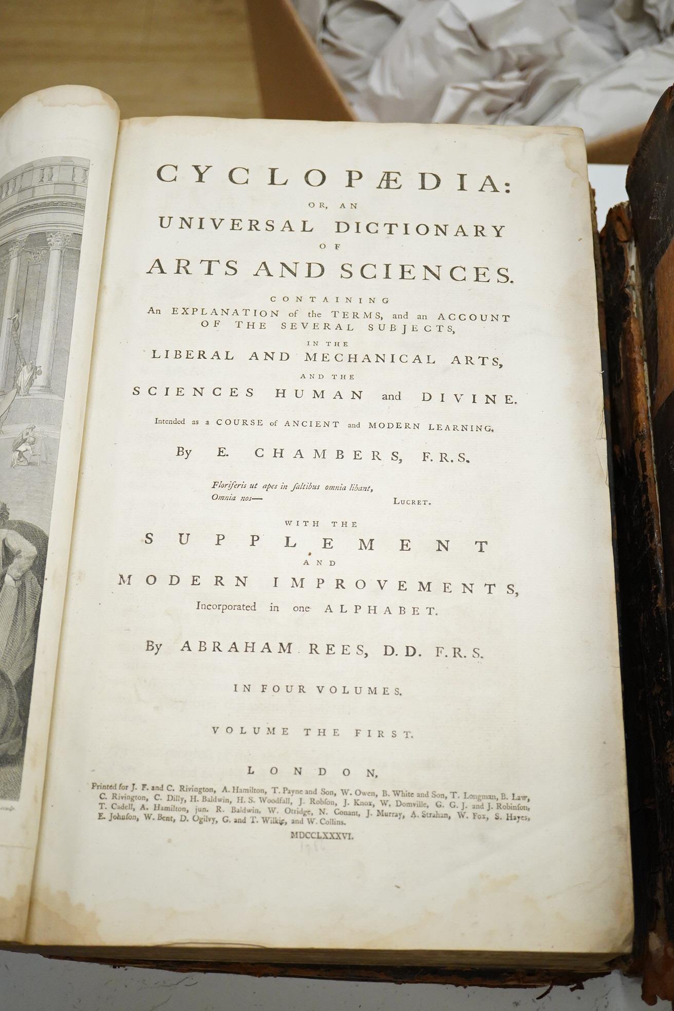 Chambers, Ephraim - Cyclopaedia: or, an Universal Dictionary of Arts and Sciences ... With the Supplement and Modern Improvements ... by Abraham Rees. 4 vols. and the plates vol. mixed editions. frontis. and 148 plates;
